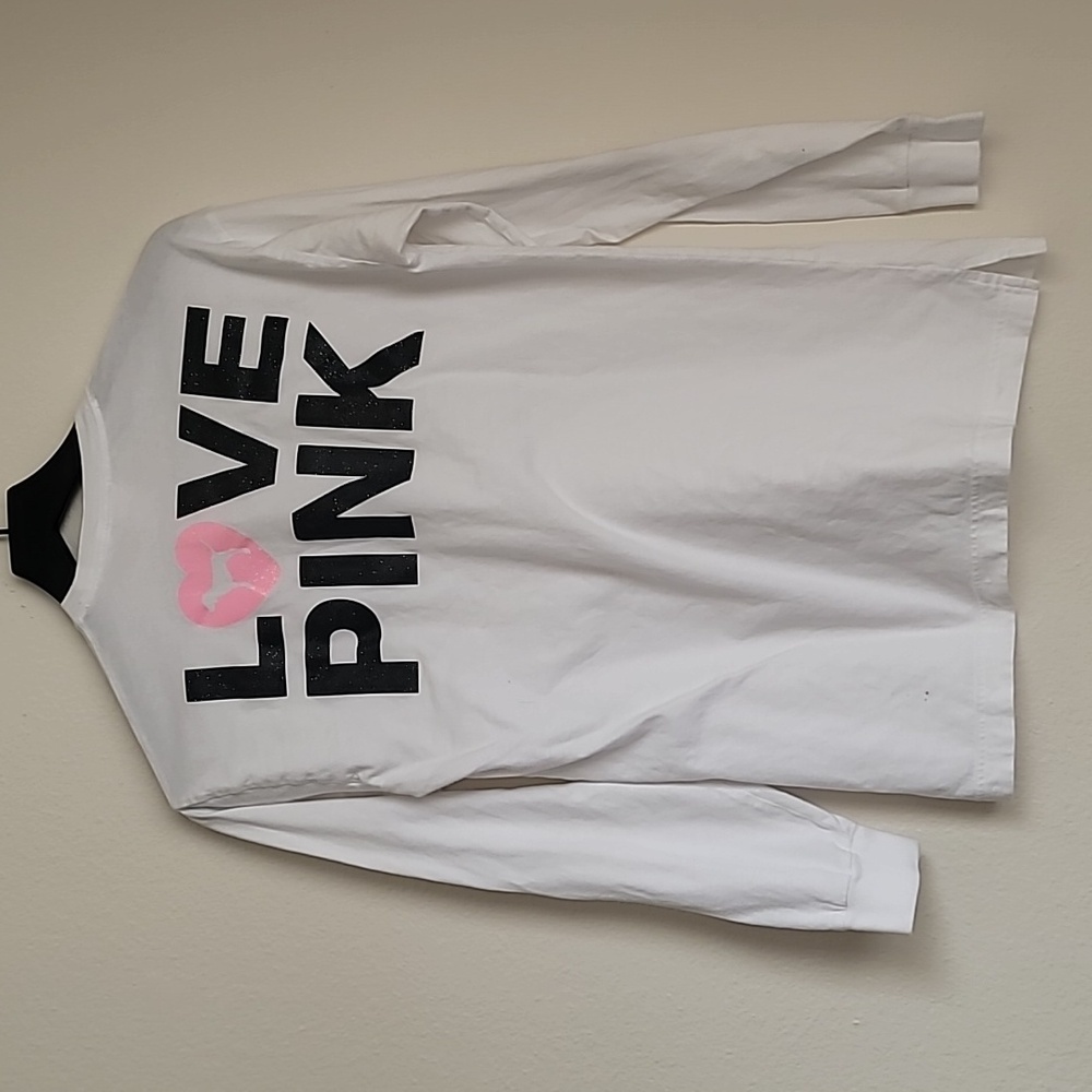 Victoria's Secret PINK Long Sleeve White Glitter Heart Love T-shirt Size XS